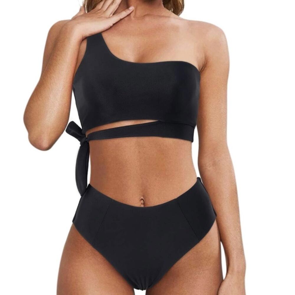Women Black One Shoulder One Piece Swimsuit High Cut Cheeky Size Medium